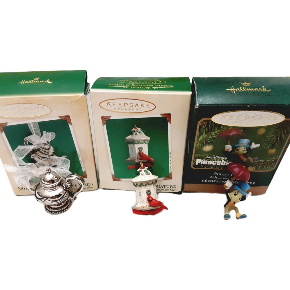 Hallmark Miniature Ornaments Lot Of 3 Tea Teapot Disney Jiminy Cricket Cardinal
